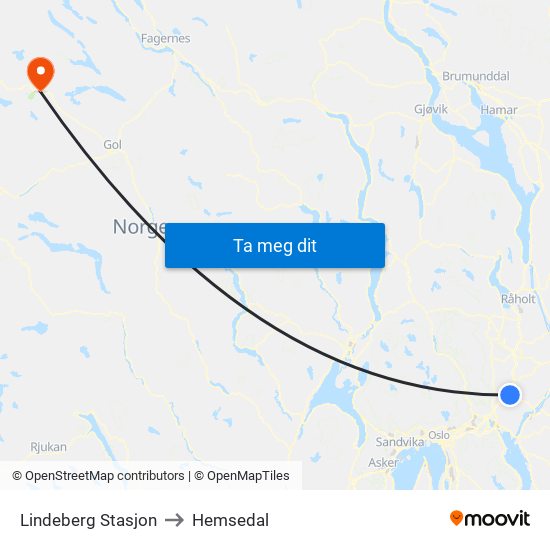 Lindeberg Stasjon to Hemsedal map