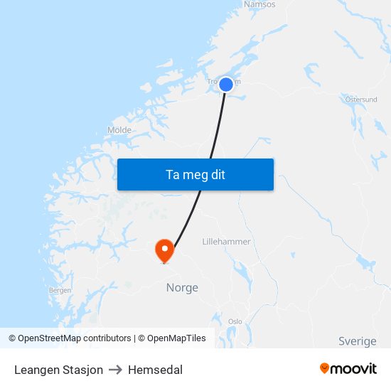 Leangen Stasjon to Hemsedal map