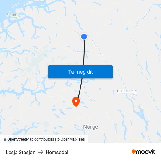 Lesja Stasjon to Hemsedal map