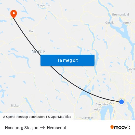 Hanaborg Stasjon to Hemsedal map