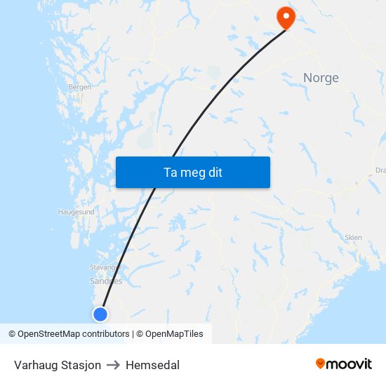 Varhaug Stasjon to Hemsedal map