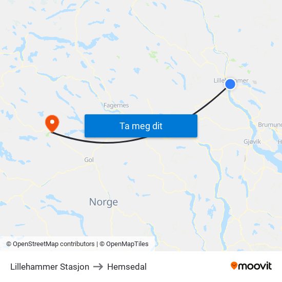Lillehammer Stasjon to Hemsedal map