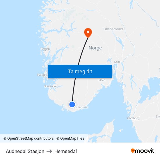 Audnedal Stasjon to Hemsedal map