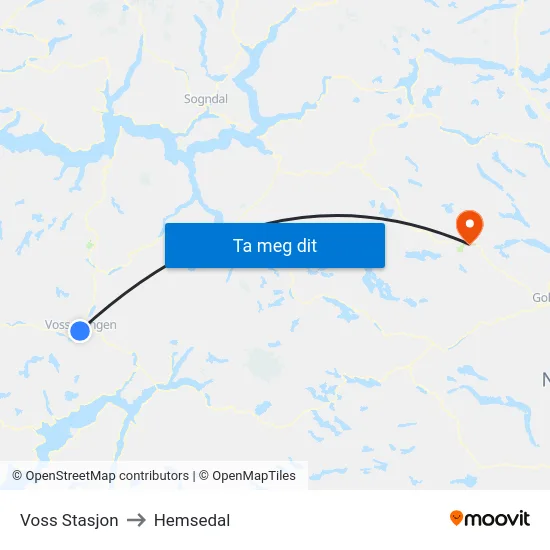 Voss Stasjon to Hemsedal map