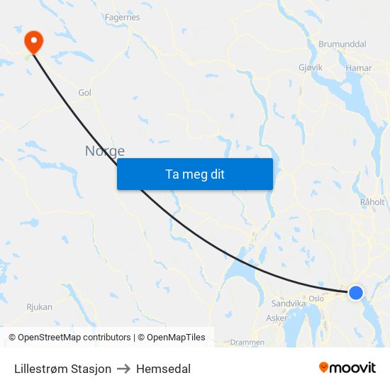 Lillestrøm Stasjon to Hemsedal map