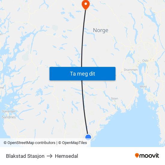 Blakstad Stasjon to Hemsedal map