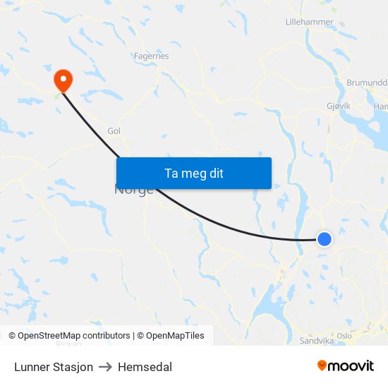 Lunner Stasjon to Hemsedal map