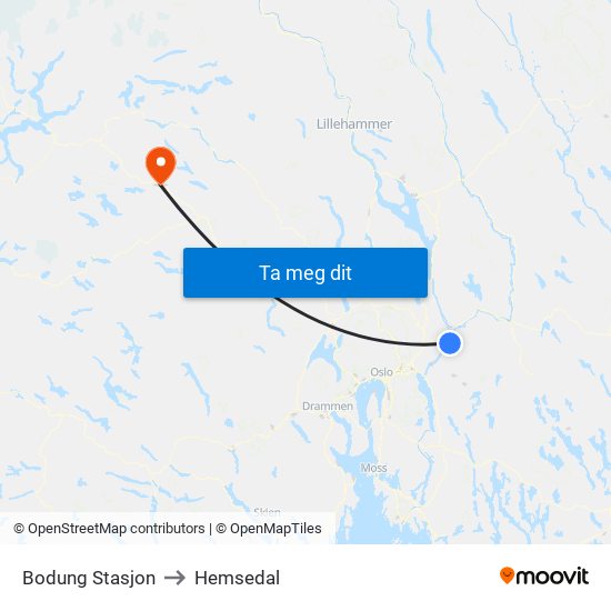 Bodung Stasjon to Hemsedal map