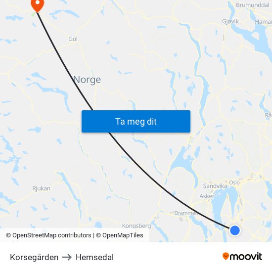 Korsegården to Hemsedal map