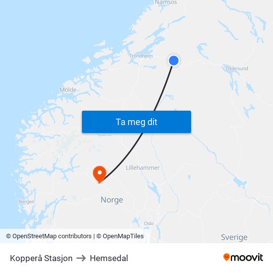 Kopperå Stasjon to Hemsedal map