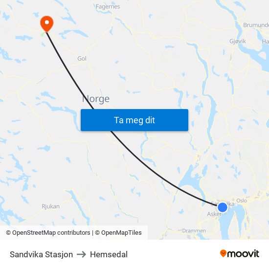 Sandvika Stasjon to Hemsedal map