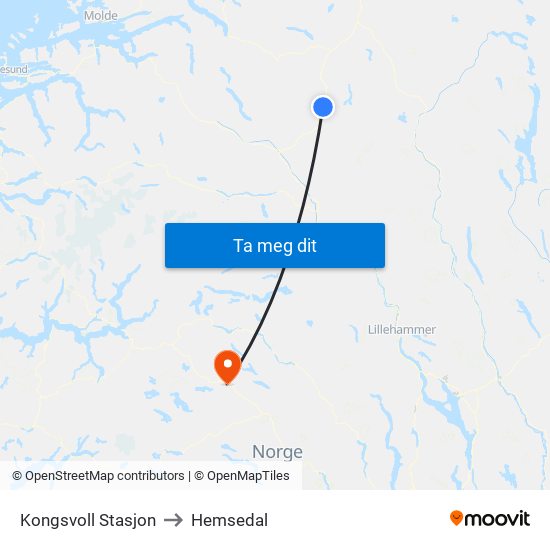 Kongsvoll Stasjon to Hemsedal map