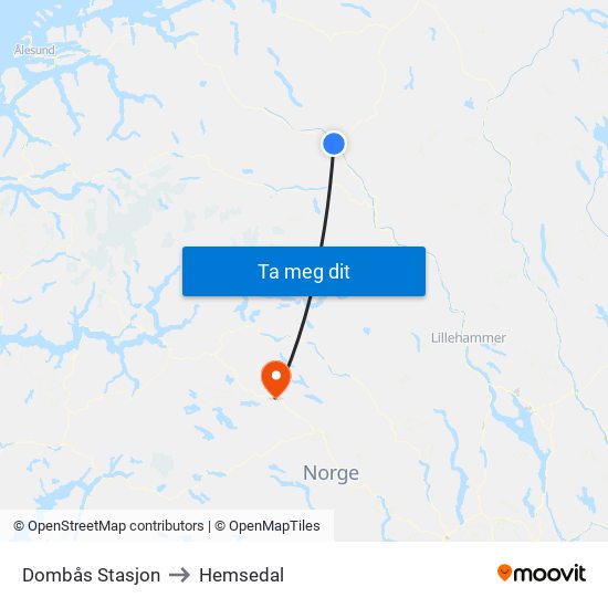 Dombås Stasjon to Hemsedal map