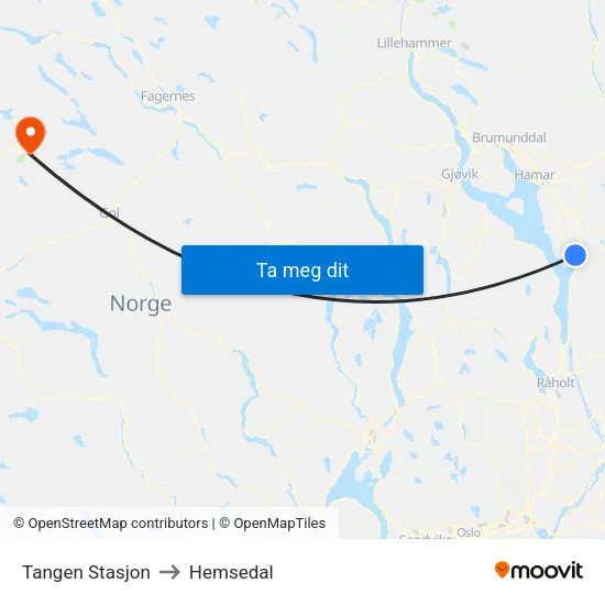 Tangen Stasjon to Hemsedal map