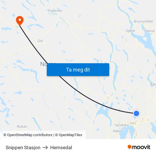 Snippen Stasjon to Hemsedal map