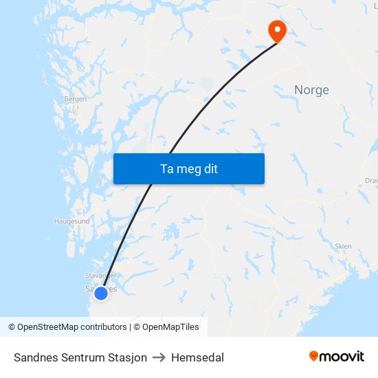 Sandnes Sentrum Stasjon to Hemsedal map