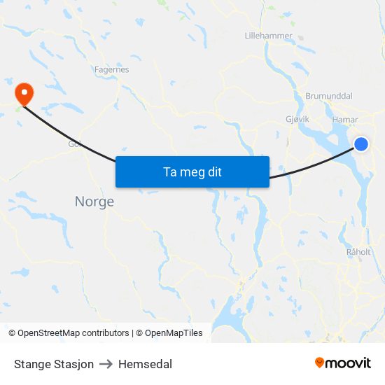 Stange Stasjon to Hemsedal map