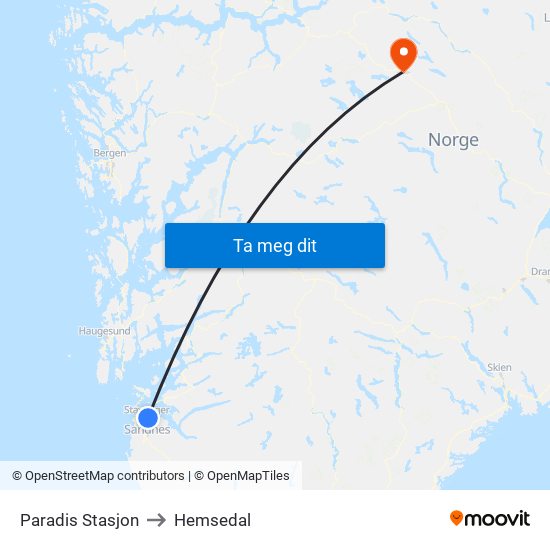 Paradis Stasjon to Hemsedal map