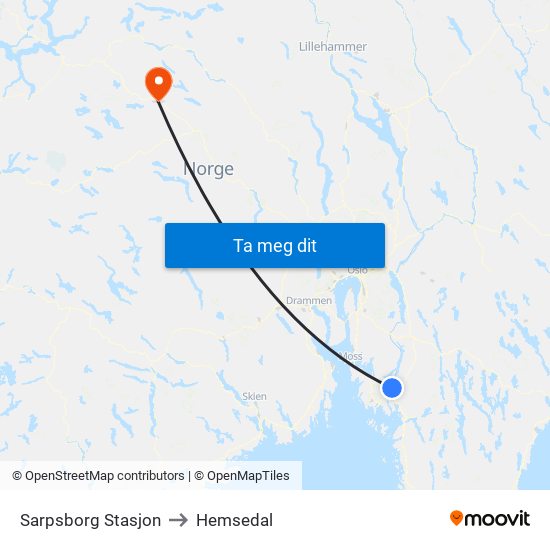Sarpsborg Stasjon to Hemsedal map