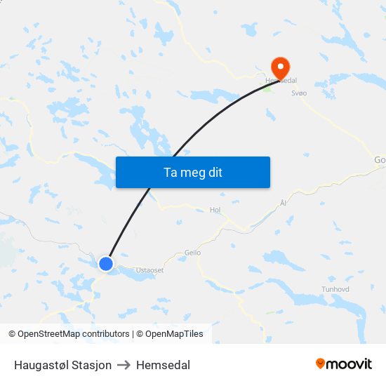 Haugastøl Stasjon to Hemsedal map