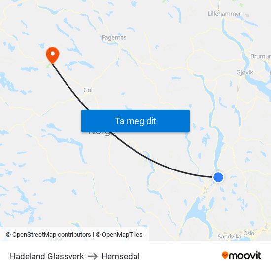 Hadeland Glassverk to Hemsedal map