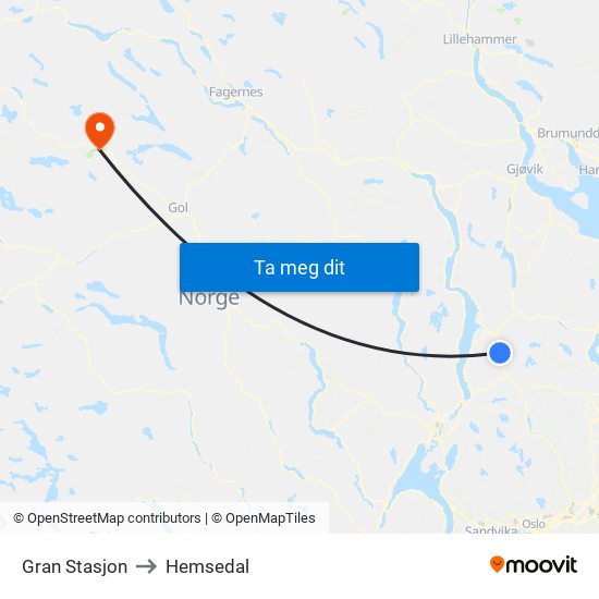 Gran Stasjon to Hemsedal map