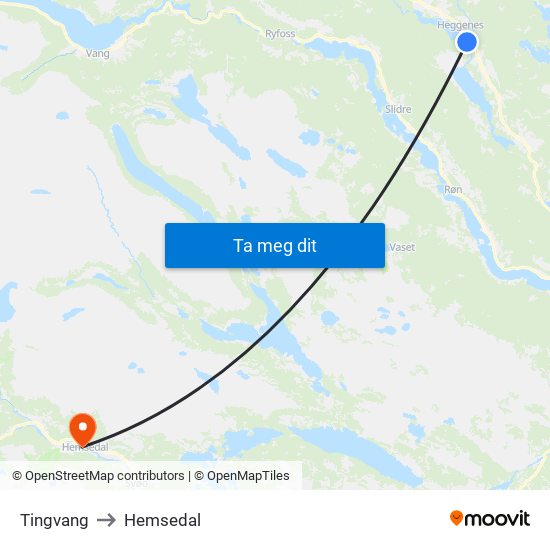Tingvang to Hemsedal map