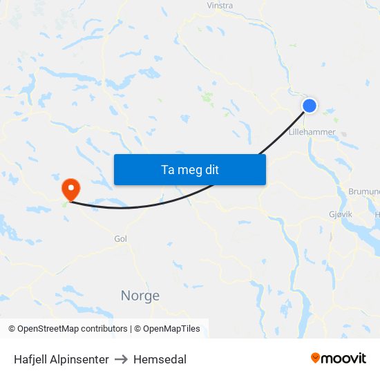 Hafjell Alpinsenter to Hemsedal map