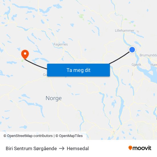 Biri Sentrum Sørgående to Hemsedal map