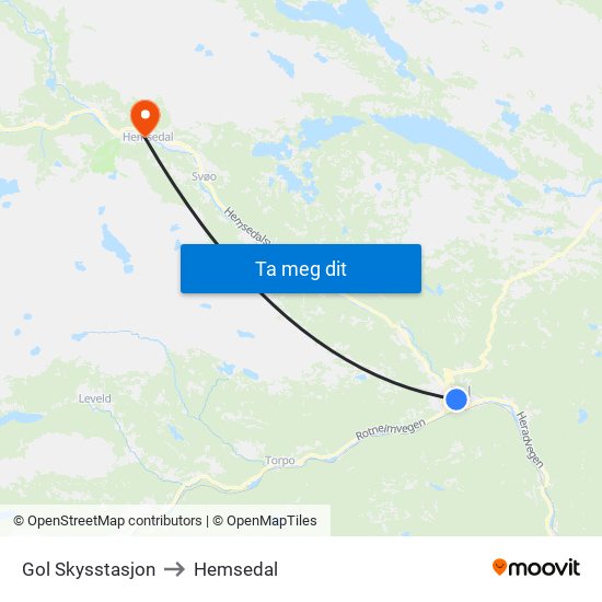 Gol Skysstasjon to Hemsedal map
