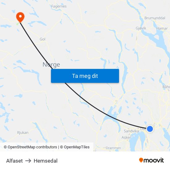 Alfaset to Hemsedal map