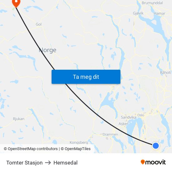 Tomter Stasjon to Hemsedal map