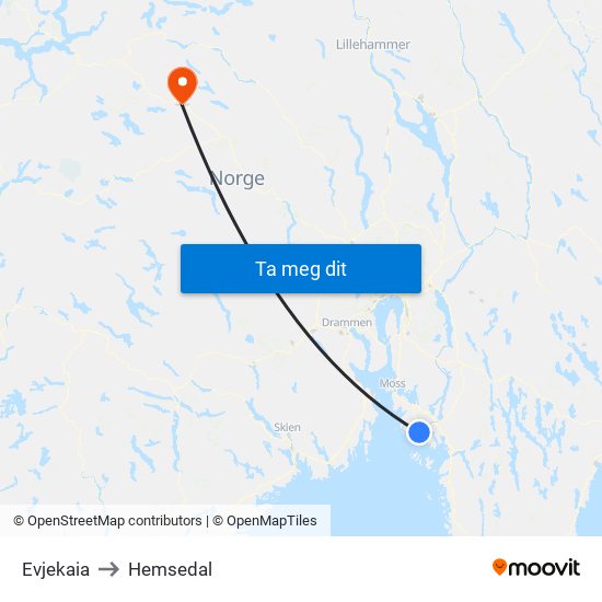 Evjekaia to Hemsedal map