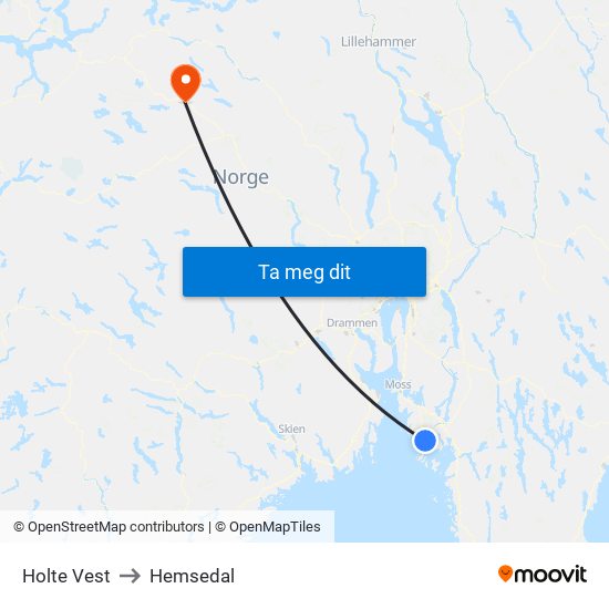 Holte Vest to Hemsedal map