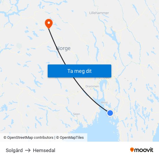 Solgård to Hemsedal map