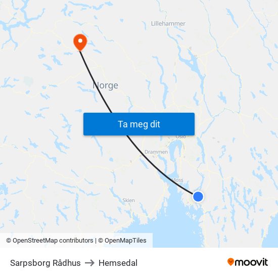 Sarpsborg Rådhus to Hemsedal map