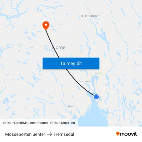 Mosseporten Senter to Hemsedal map