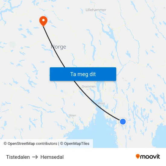 Tistedalen to Hemsedal map