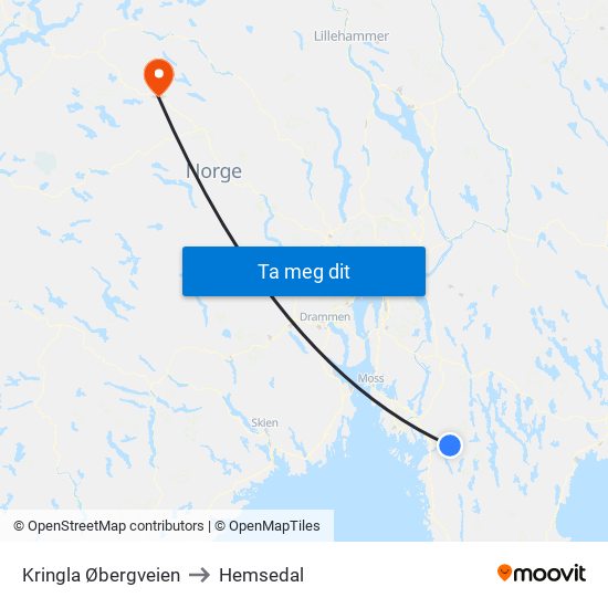 Kringla Øbergveien to Hemsedal map