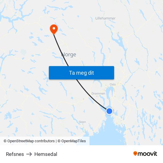 Refsnes to Hemsedal map