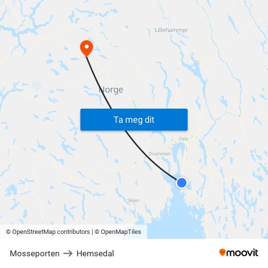 Mosseporten to Hemsedal map