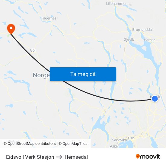 Eidsvoll Verk Stasjon to Hemsedal map