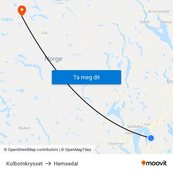 Kolbotnkrysset to Hemsedal map