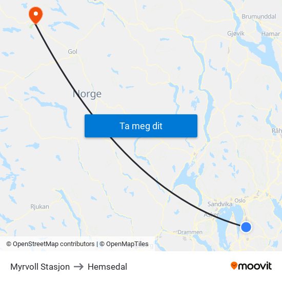 Myrvoll Stasjon to Hemsedal map