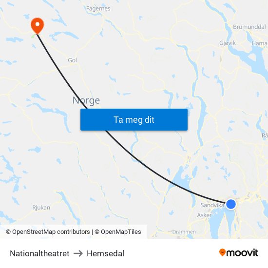 Nationaltheatret to Hemsedal map