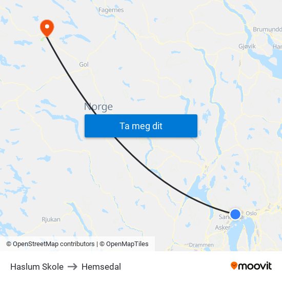 Haslum Skole to Hemsedal map
