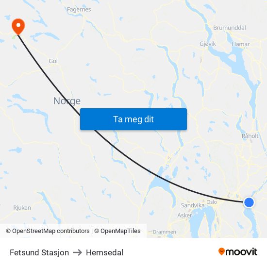 Fetsund Stasjon to Hemsedal map