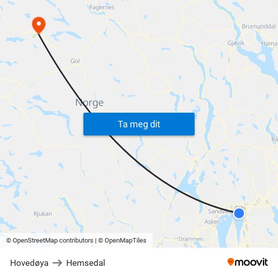 Hovedøya to Hemsedal map