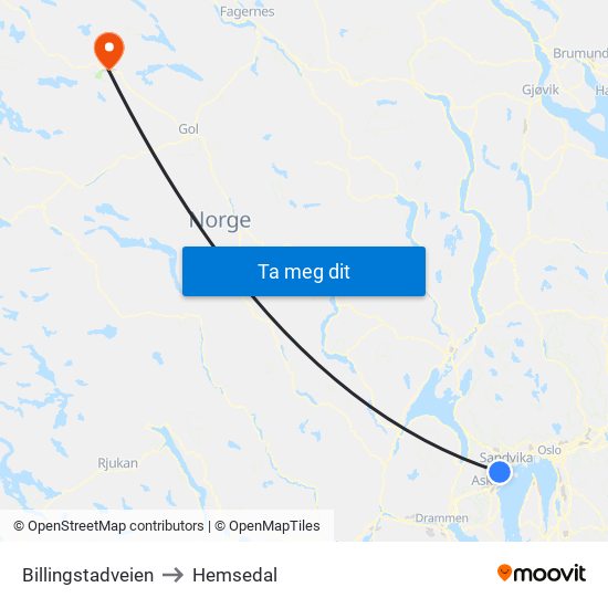 Billingstadveien to Hemsedal map