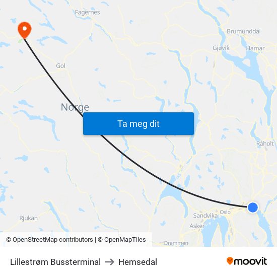 Lillestrøm Bussterminal to Hemsedal map